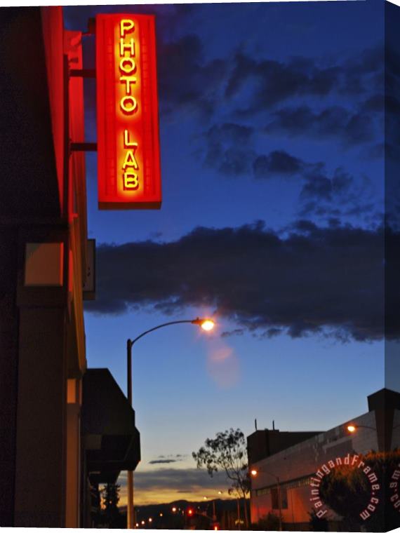 Raymond Gehman Neon Photo Lab Sign Along Melrose Avenue at Night Stretched Canvas Painting / Canvas Art