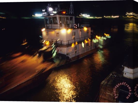 Raymond Gehman Night View of a Barge And It S Tug on The Kanawha River Stretched Canvas Painting / Canvas Art