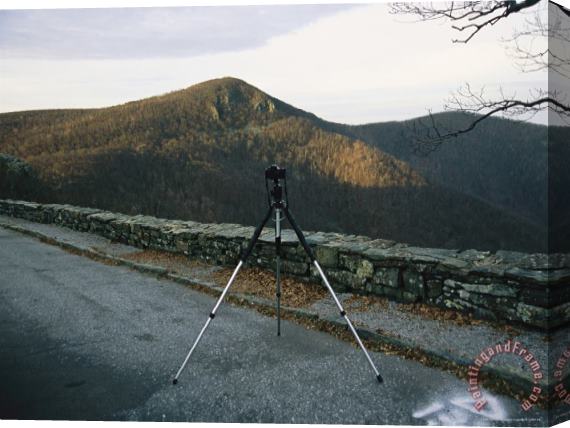 Raymond Gehman Photographers Camera And Tripod at Crescent Rock Overlook Hawksbill Mountain Beyond Stretched Canvas Print / Canvas Art