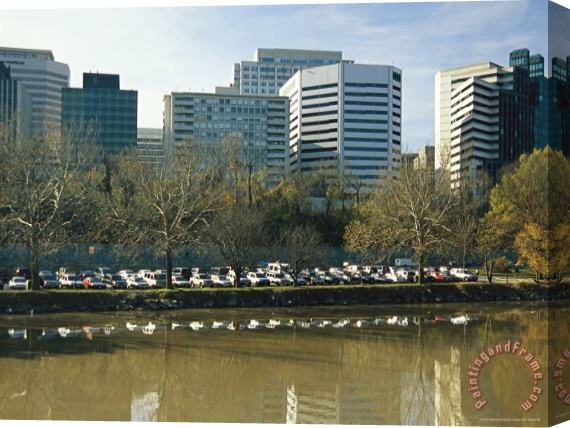 Raymond Gehman Rosslyn And Parked Cars Seen Over Potomac River From Roosevelt Island Stretched Canvas Print / Canvas Art