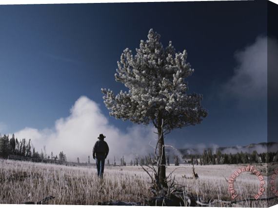 Raymond Gehman Steam Rises Behind a Man in a Frost Covered Pocket Basin Field Stretched Canvas Painting / Canvas Art