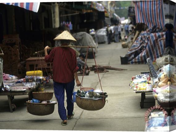 Raymond Gehman Woman with Bamboo Hat Carries Balanced Baskets Pingxiang Market Stretched Canvas Print / Canvas Art