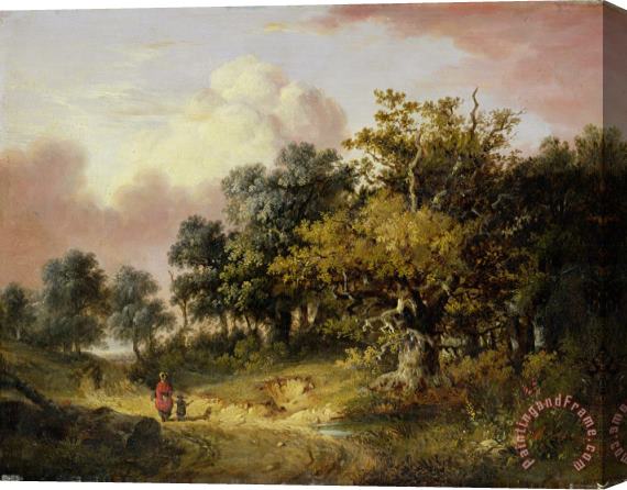 Robert Ladbrooke Wooded Landscape with Woman and Child Walking Down a Road Stretched Canvas Print / Canvas Art