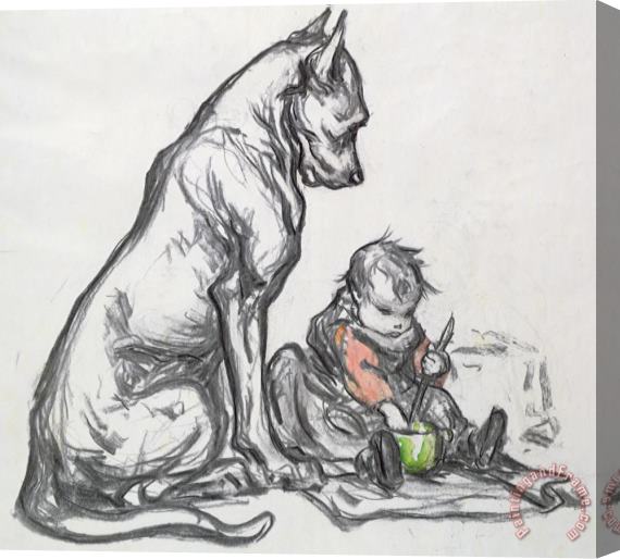 Robert Noir Dog And Child Stretched Canvas Painting / Canvas Art