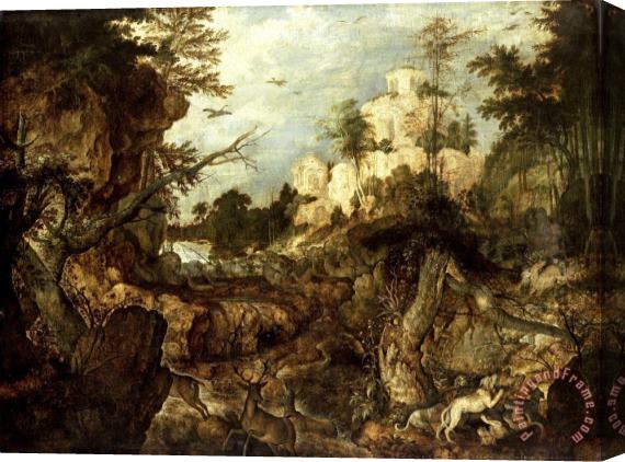 Roelant Savery Wild Boar Hunt in a Rocky Landscape Stretched Canvas Painting / Canvas Art