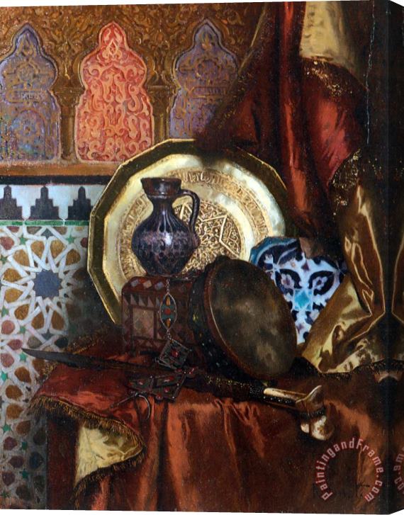 Rudolf Ernst A Tambourine, Knife, Moroccan Tile And Plate on Satin Covered Table Stretched Canvas Painting / Canvas Art