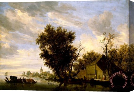 Salomon van Ruysdael River Scene with Ferry Boat Stretched Canvas Painting / Canvas Art