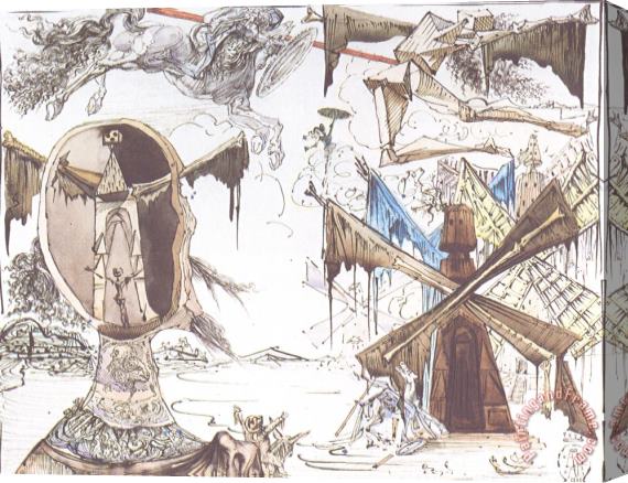 Salvador Dali Don Quixote And The Windmills Stretched Canvas Painting / Canvas Art