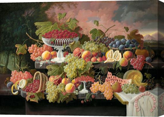 Severin Roesen Two Tiered Still Life with Fruit And Sunset Landscape Stretched Canvas Painting / Canvas Art
