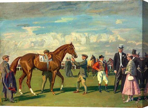 Sir Alfred James Munnings H.m. The Queen And 'aureole' in The Paddock at Epsom Before The Coronation Cup at The Derby Meeting, 1954 Stretched Canvas Print / Canvas Art