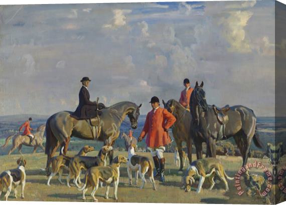 Sir Alfred James Munnings John J. Moubray, Master of Foxhounds, Dismounted with His Wife And Two Mounted Figures with The Bedale Hounds in a Landscape, 1920 Stretched Canvas Painting / Canvas Art