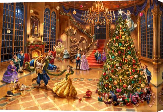 Thomas Kinkade Disney Beauty And The Beast Christmas Celebration Stretched Canvas Print / Canvas Art