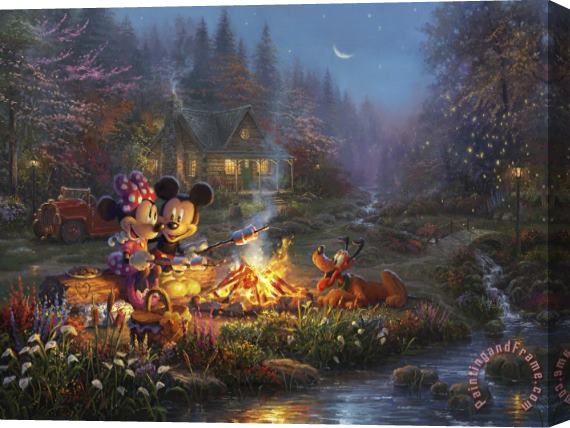 Thomas Kinkade Mickey And Minnie Sweetheart Campfire Stretched Canvas Painting / Canvas Art