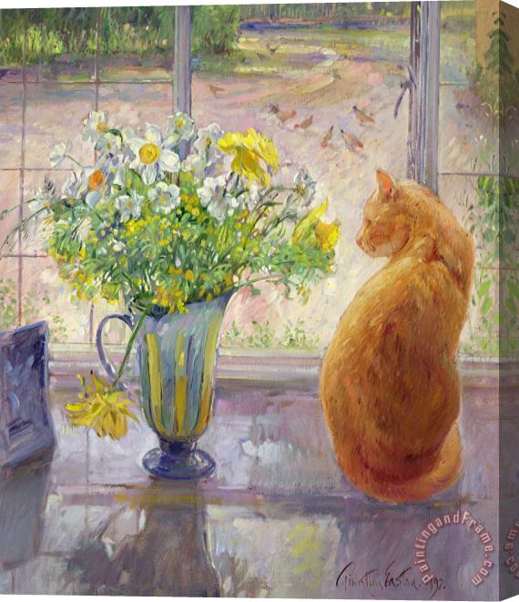 Timothy Easton Striped Jug with Spring Flowers Stretched Canvas Painting / Canvas Art