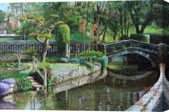 Trevor Neal Bridge and Garden - Bakewell - Derbyshire Stretched Canvas Painting / Canvas Art