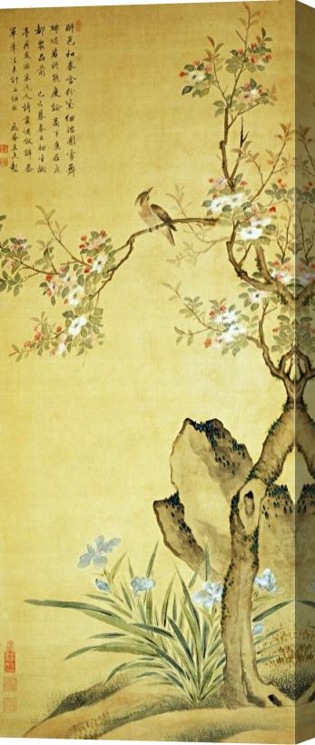 Wang Wu A Bird Standing on a Peach Blossom Tree Stretched Canvas Print / Canvas Art