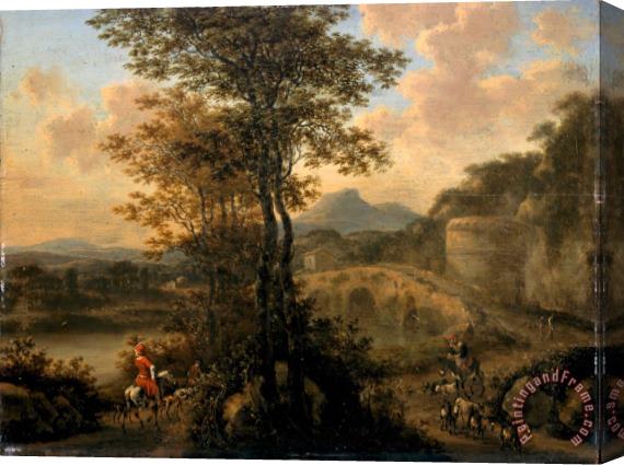 Willem De Heusch Italian River Landscape with Stone Bridge Stretched Canvas Painting / Canvas Art