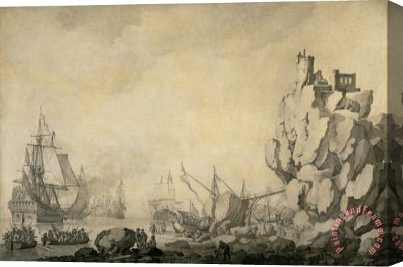 Willem van de Velde Ships And Militia by a Rocky Shore Stretched Canvas Painting / Canvas Art