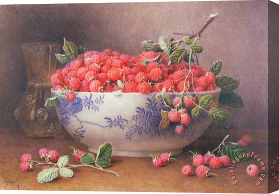 William B Hough Still Life of Raspberries in a Blue and White Bowl Stretched Canvas Print / Canvas Art