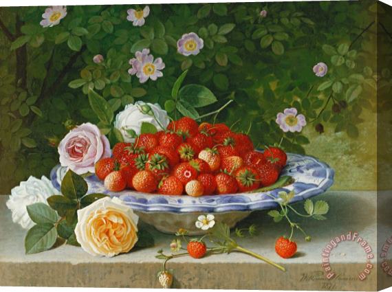 William Hammer Strawberries In A Blue And White Buckelteller With Roses And Sweet Briar On A Ledge Stretched Canvas Painting / Canvas Art