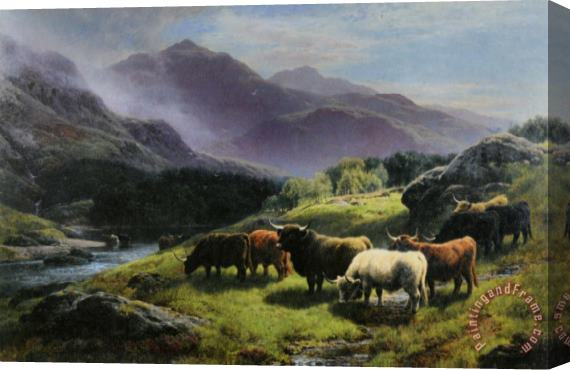 William Watson Highland Cattle Grazing by a Mountain Stream Stretched Canvas Print / Canvas Art