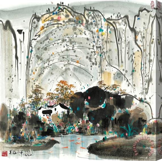 Wu Guanzhong House by The Waterfall Stretched Canvas Painting / Canvas Art