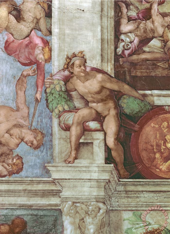 Michelangelo Buonarroti Sistine Chapel Ceiling 1508 12 Expulsion Of Adam And Eve From The Garden Of Eden Ignudo Framed Painting By Michelangelo